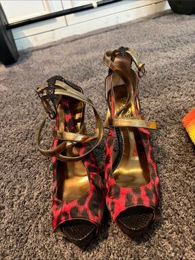 Guess Red and Black Leopard Print Peep-Toe Heels with Gold Ankle Straps